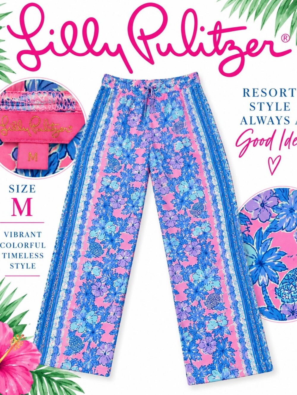 Lilly Pulitzer Pink Blue Tropical Floral Wide Leg Pants Size M
